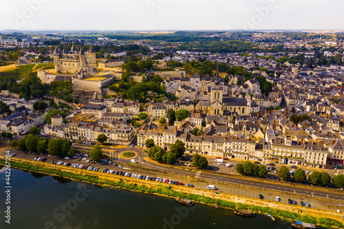 Fly over the picturesque town of Saumur and medieval castle Saumur. France © JackF