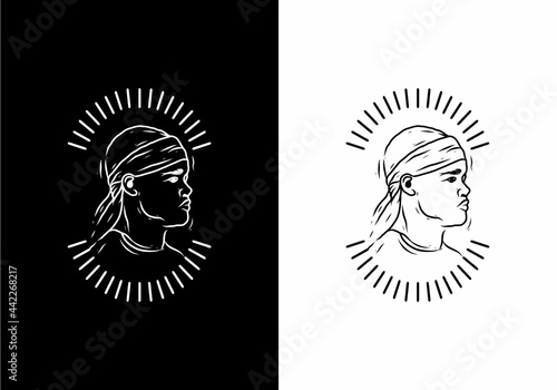 Black and white line art of man wearing durag badge