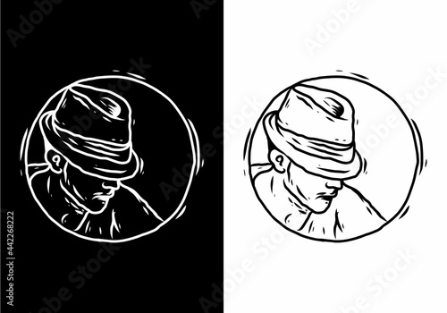 Black and white line art of man wearing hat