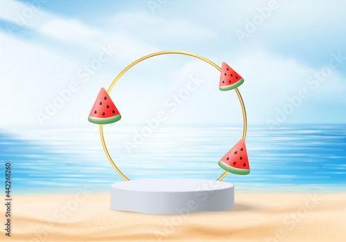 3d summer background product display platform scene with sea beach platform. sky cloud summer background vector 3d render on the ocean display. podium on sand beige cosmetic product display stand