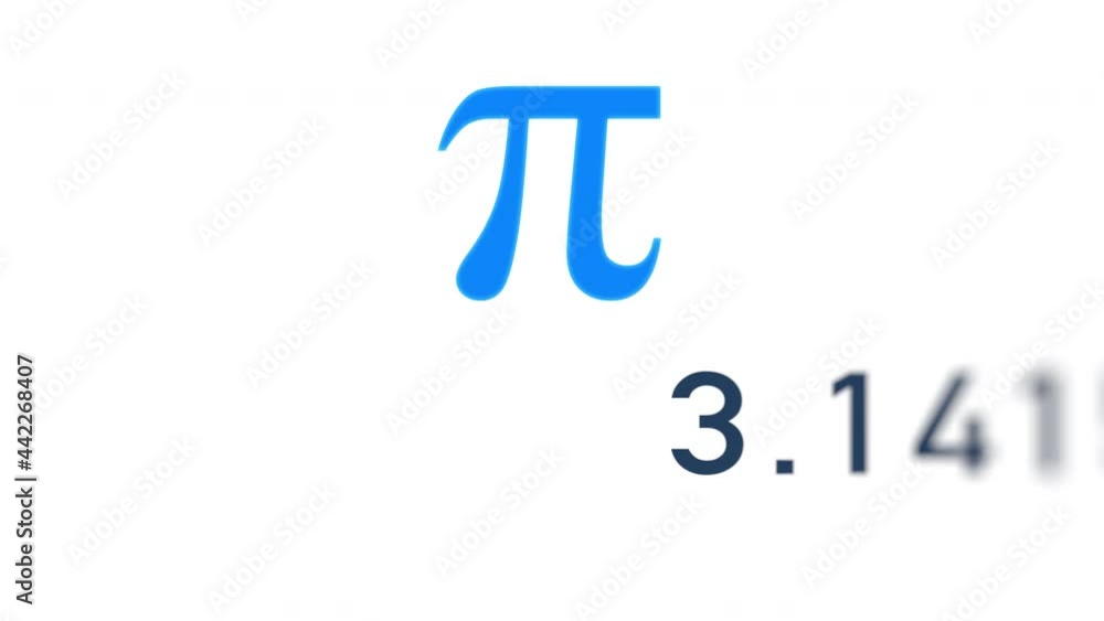 Digits of number Pi move through the frame next to Greek mathematical blue symbol Pi on white background. Digits of number Pi move through the frame next to Greek mathematical blue symbol Pi on white background.