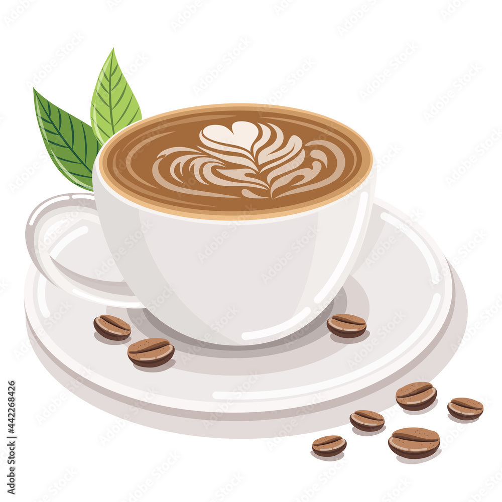 Obraz premium hot coffee menu in white cup front view Composition of coffee beans and coffee leaves on a white background.