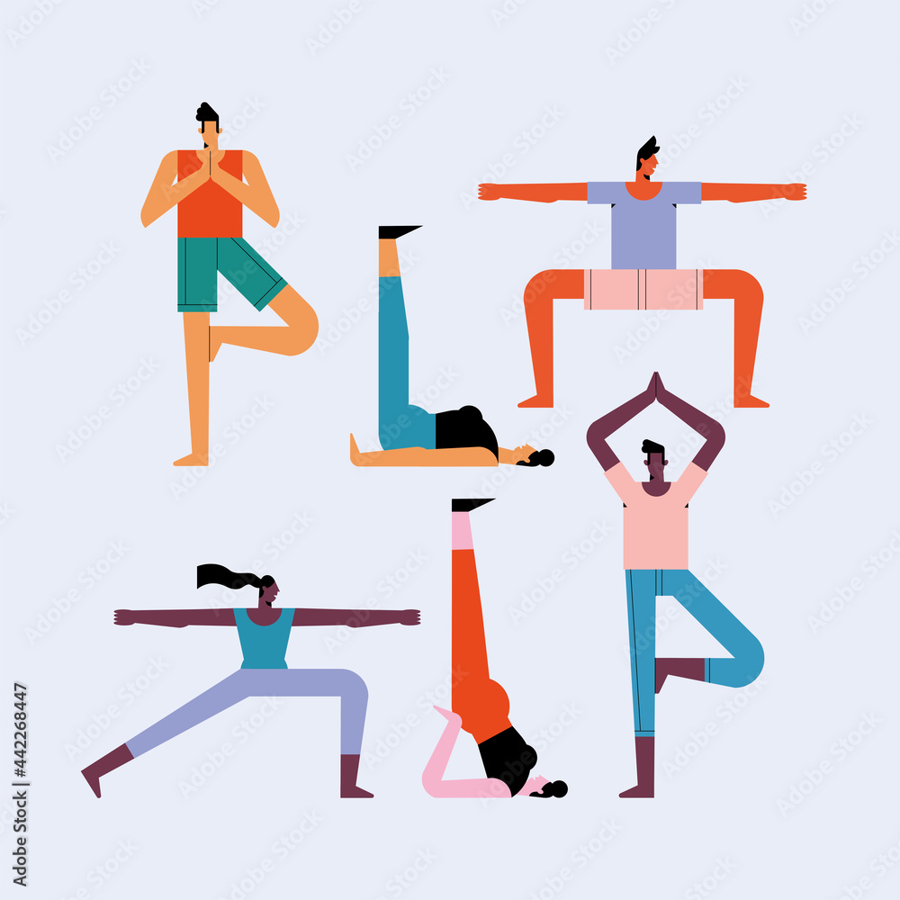 six persons practicing yoga - obrazy, fototapety, plakaty 