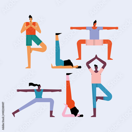 six persons practicing yoga