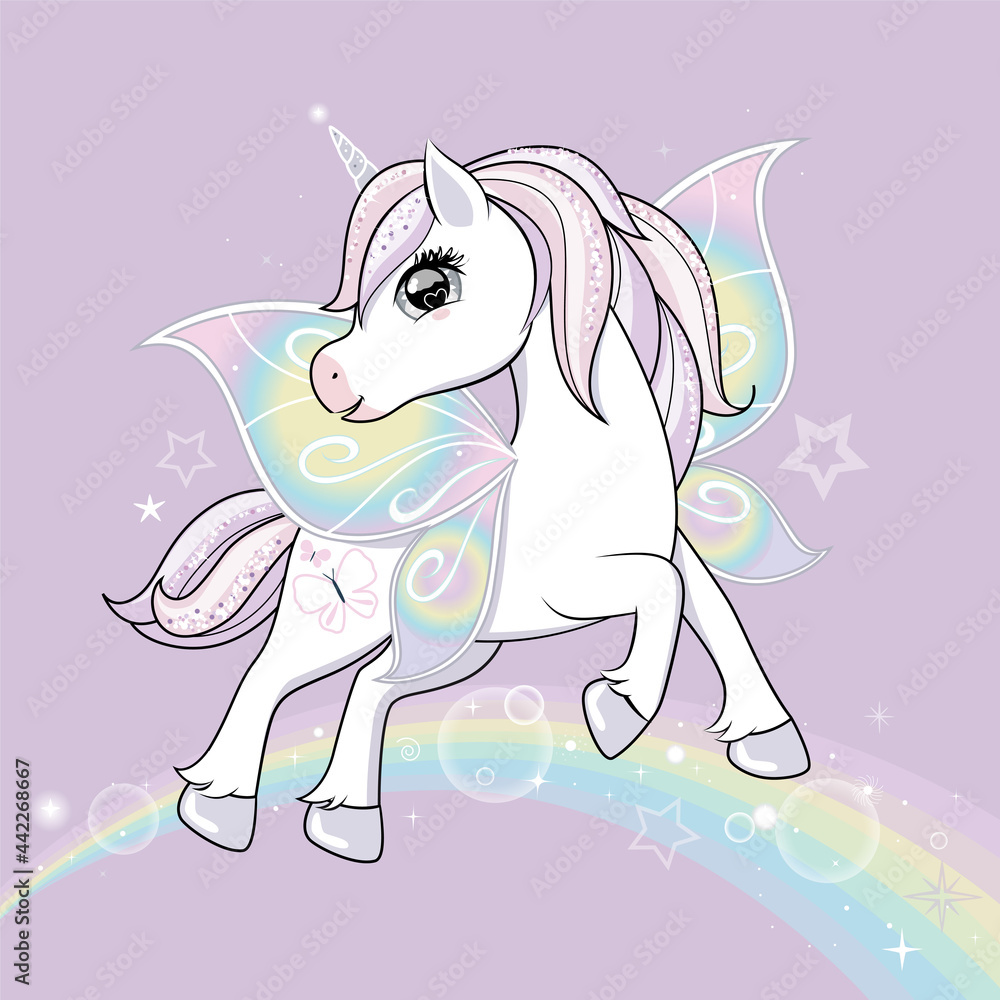 Cute little unicorn character with butterfly wings flying in the skies. Vector. Cute little unicorn character with butterfly wings flying in the skies. Vector.