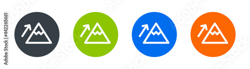 Mountain vector icon with ascending arrow symbol. Altitude concept.
