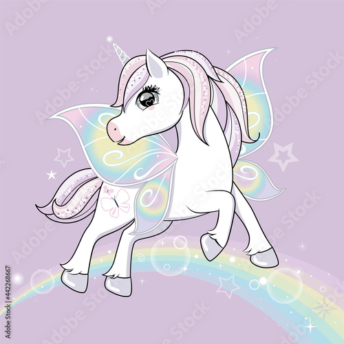 Cute little unicorn character with butterfly wings flying in the skies. Vector.