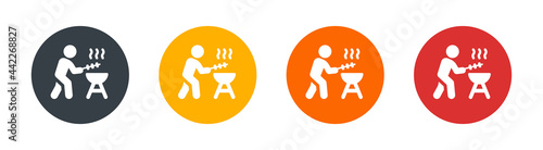 BBQ icon. Containing man grilling barbecue with meat skewer icon vector illustration. Button design