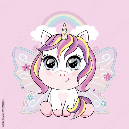 Cute little unicorn character with butterfly wings over pink background with rainbow. Vector.