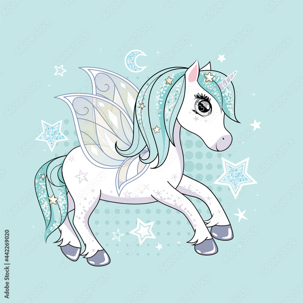 Cute unicorn with butterfly wings and glittering hair over background with stars. Vector.