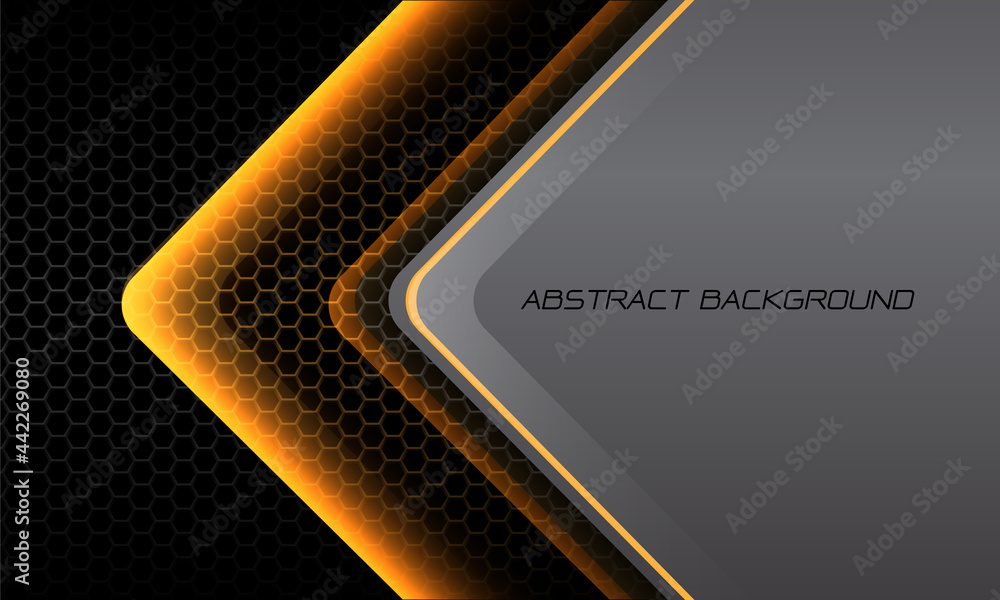 Abstract yellow light arrow glossy direction on dark hexagon mesh pattern with grey metallic blank space design modern futuristic background vector illustration. Abstract yellow light arrow glossy direction on dark hexagon mesh pattern with grey metallic blank space design modern futuristic background vector illustration.