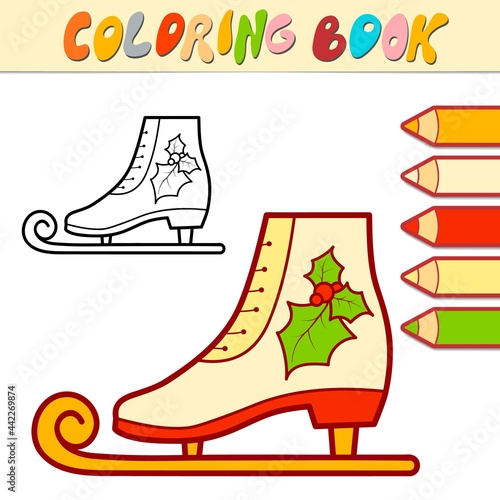 Coloring book or page for kids. Christmas skates black and white vector