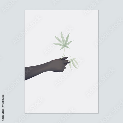Poster template design, black hand holding cannabis leaves