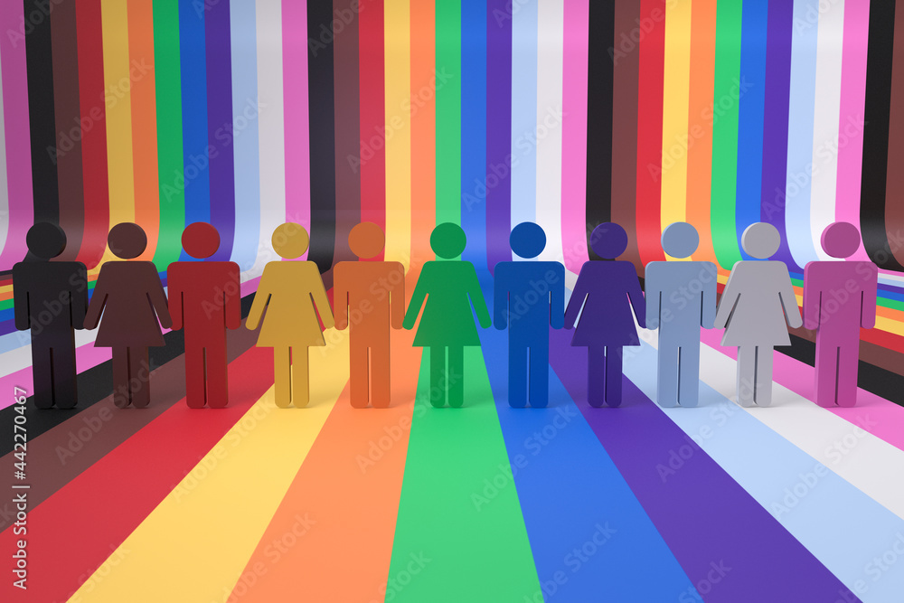 Spectacular concept of people with the colors of the LGBTQ gay pride flag with the word LGBTQI.