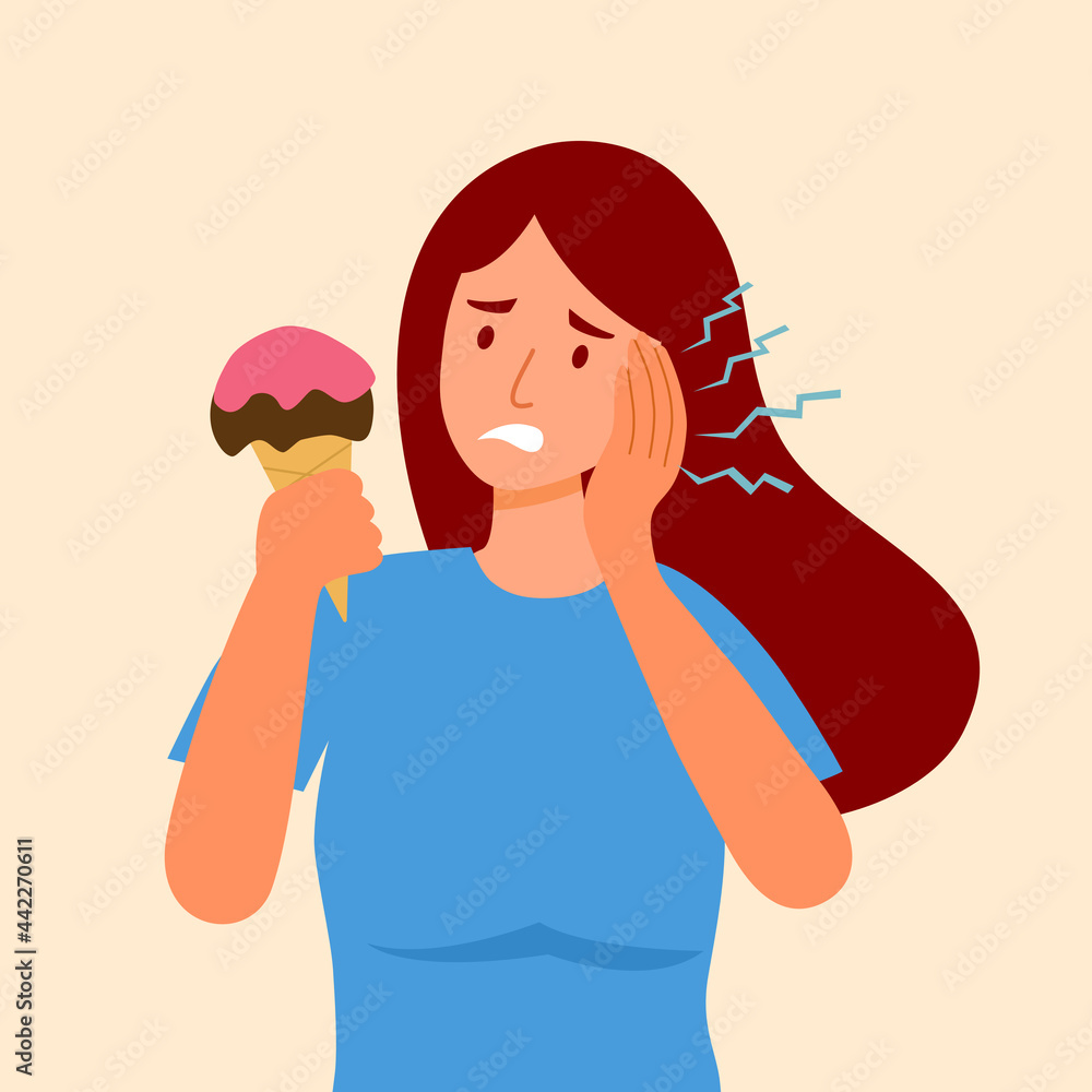 Woman with sensitive teeth and hand holding ice cream in flat design. Dental problem concept vector illustration. Woman with sensitive teeth and hand holding ice cream in flat design. Dental problem concept vector illustration.