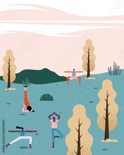 persons practicing yoga in field