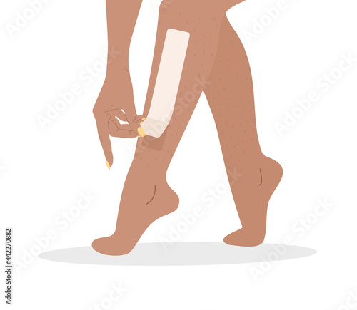 Hair removal. Wax strips epilation. Perfect smooth female legs. Vector illustration in flat cartoon style. Skin care concept.