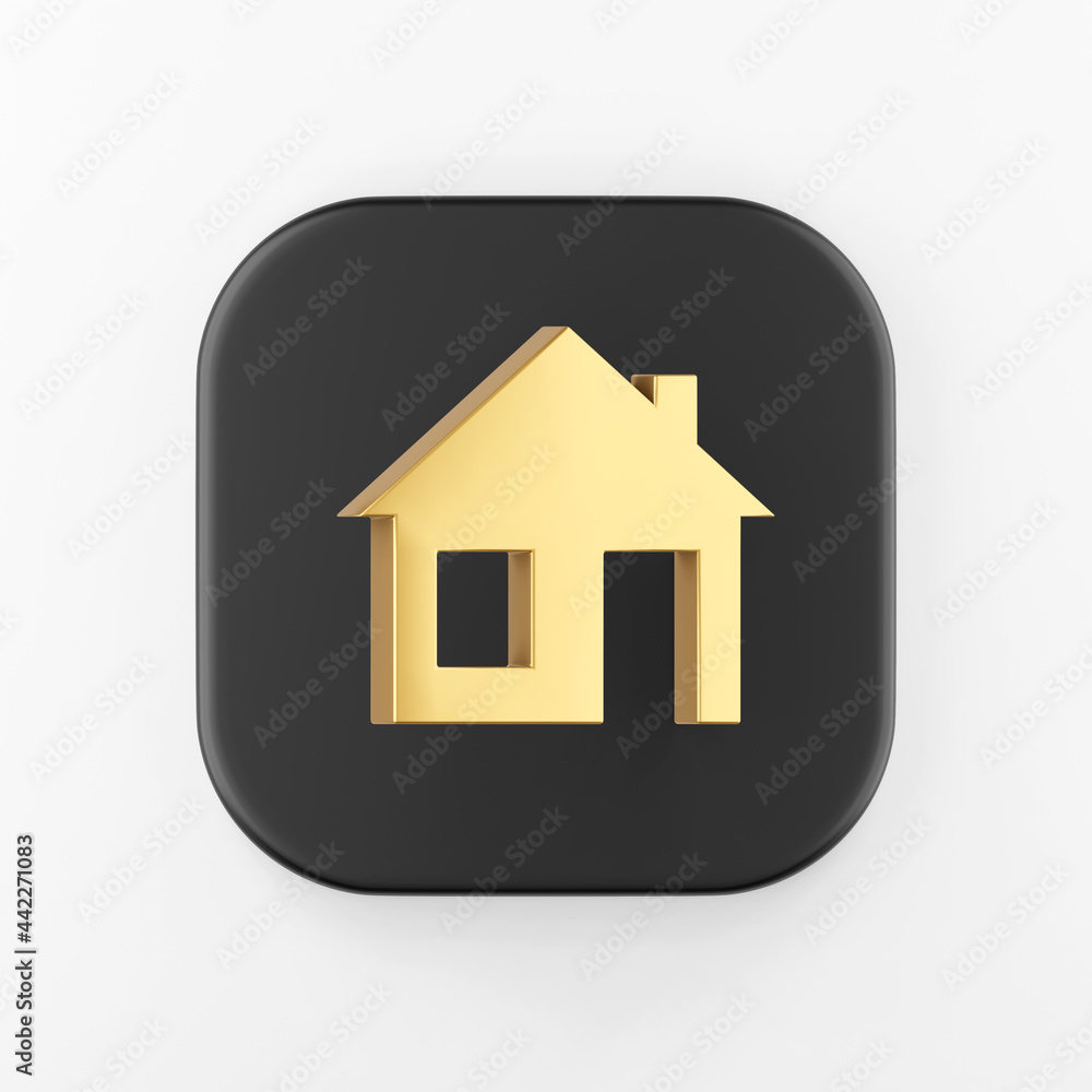 Golden flat house icon. 3d rendering black square key button, interface ui ux element. Golden flat house icon. 3d rendering black square key button, interface ui ux element.