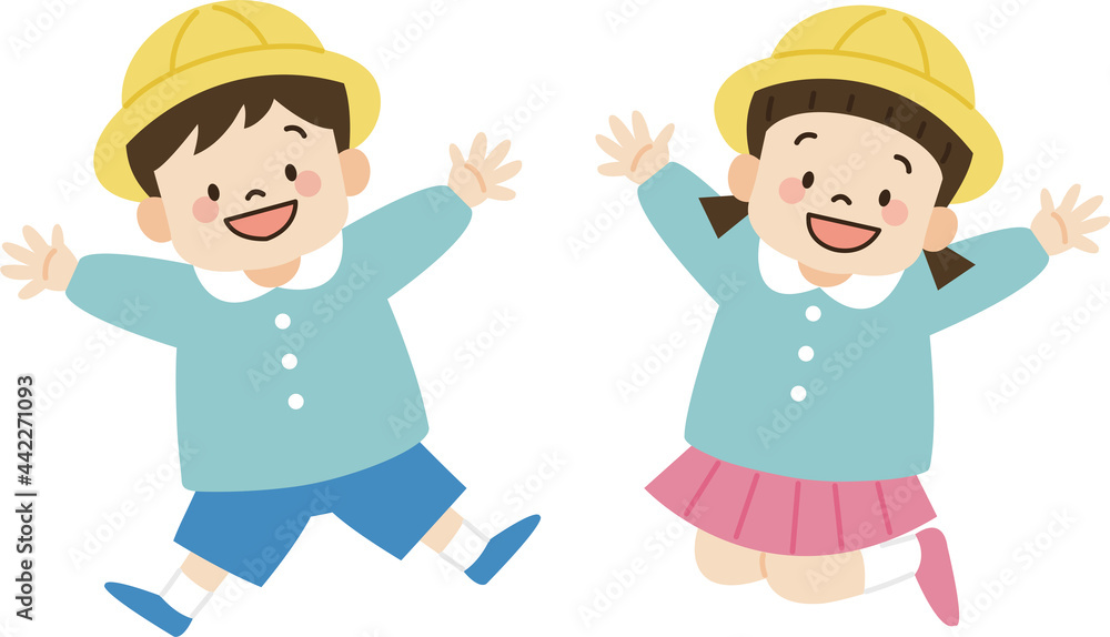 ジャンプするスモック姿の幼稚園児のイラスト(主線なし) ジャンプするスモック姿の幼稚園児のイラスト(主線なし)