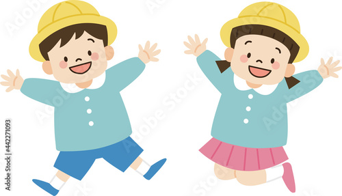 ジャンプするスモック姿の幼稚園児のイラスト（主線なし）