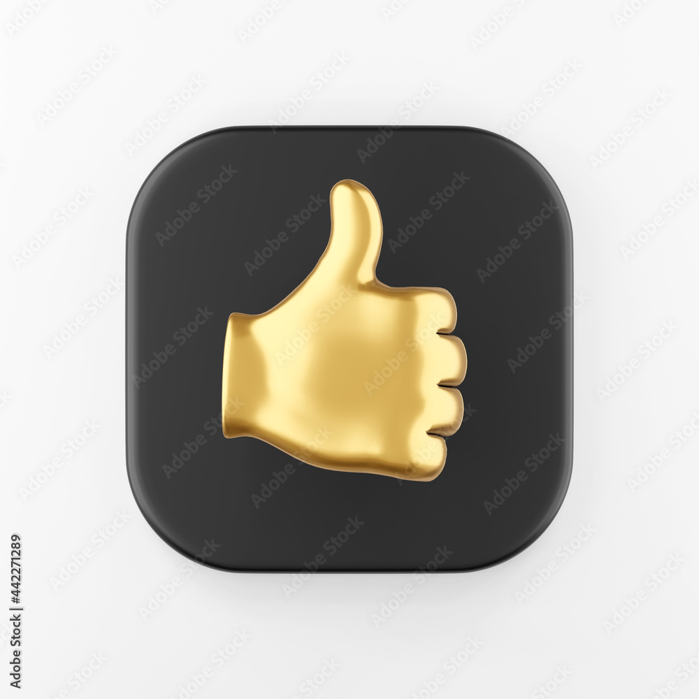 Golden palm icon with thumb up. 3d rendering black square key button, interface ui ux element. Golden palm icon with thumb up. 3d rendering black square key button, interface ui ux element.