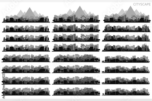 Collection of city landscapes on a light background. City landscape  in black and white.