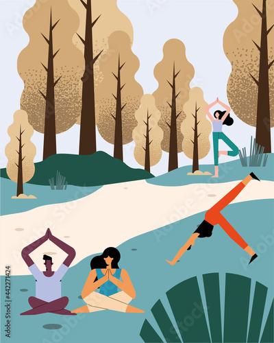 persons practicing yoga landscape