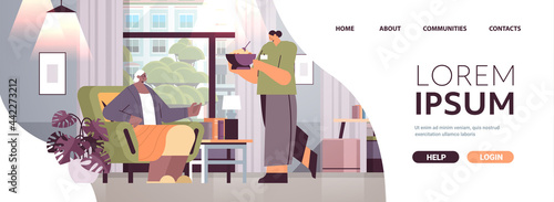 friendly nurse or volunteer bringing food to elderly woman patient home care services healthcare and social support