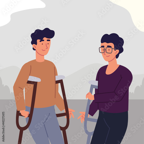 amputee men with crutches