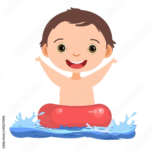 Boy is having fun. Waves of water river, sea or ocean. Swimming, diving and water sports. Pool. Isolated on white background. Illustration in cartoon style. Flat design. Vector art