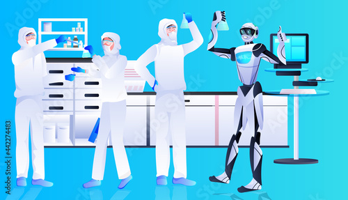 robot with scientists in protective suits making experiments in lab genetic engineering artificial intelligence concept