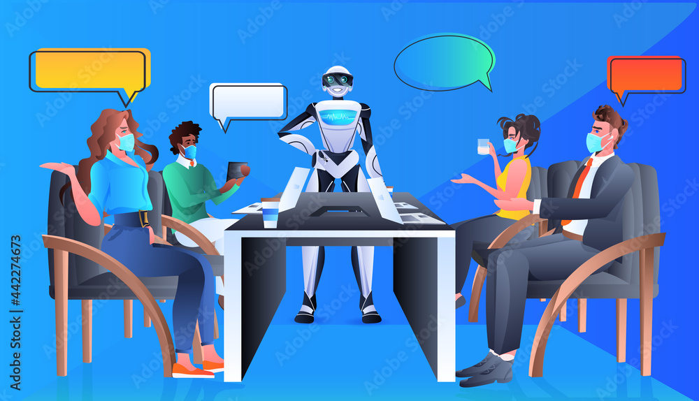 robot with mix race businesspeople in masks discussing during meeting at round table artificial intelligence