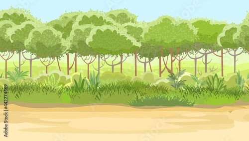 Road at the edge of the forest. Herbaceous green thickets and bushes. Sand. Beautiful and graceful landscape. Cartoon design. Vector