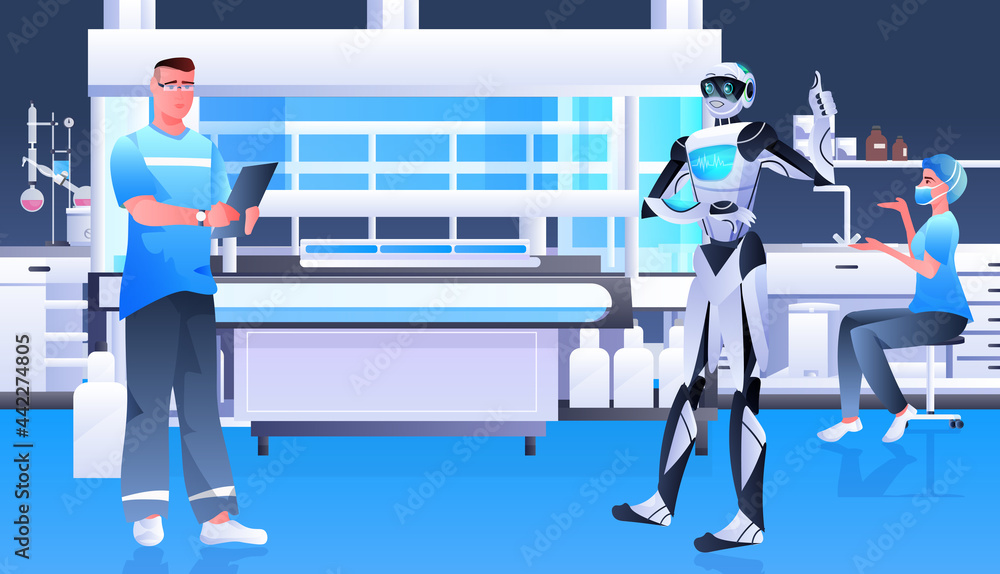 Obraz premium surgeon with robot assistant analyzing x-ray in clinic surgery room medicine healthcare artificial intelligence technology