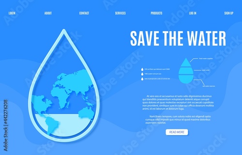 Web page Save the Water banner design template in paper cut style. Outline drop is half empty with Earth map silhouette on blue background. 22 March World Water Day website vector concept.