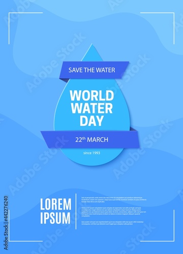 Save the Water ecological poster in paper cut style. Cut Out drop and blue ribbon on the abstract background with waves. Environment card template. 22 March World Water Day vector illustration