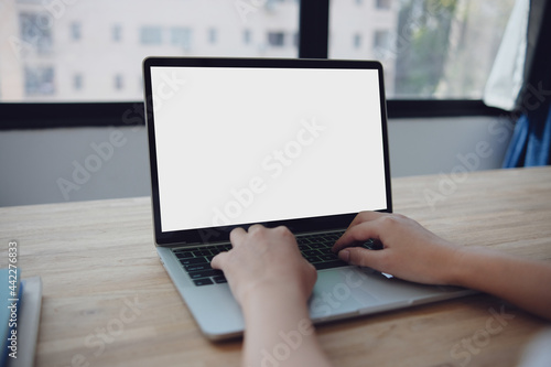 Woman using and typing on laptop computer with blank white desktop screen