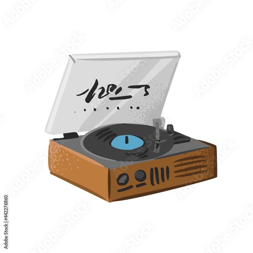 Modern vinyl musical player with record isolated on white. Vintage wooden object with an open lid for listening to music in home. Trendy gift for music lovers. Cartoon vector illustration