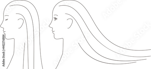 線画の女性の横顔と風になびくストレートヘア.ベクター画像