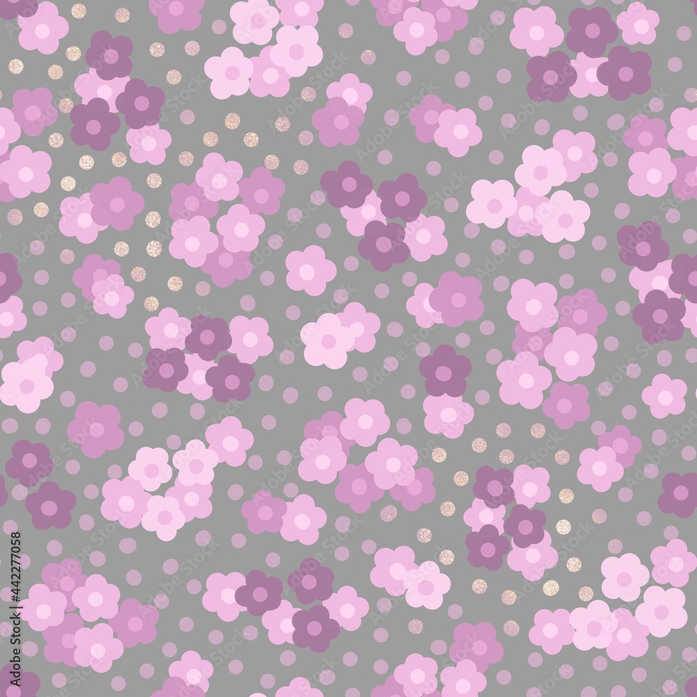  Cute soft seamless pattern of small flowers of different shades of pink on a gray background.
