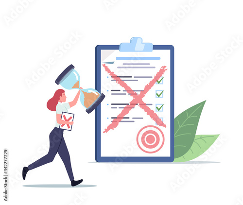 Tiny Female Character Run with Huge Sandglass and Paper Document with Red Cross. Office Employee Need to Rework Bad Work