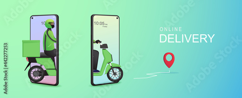 Mobile online food delivery concept. Delivery package with electric scooter. Online order tracking with online maps. Vector illustration