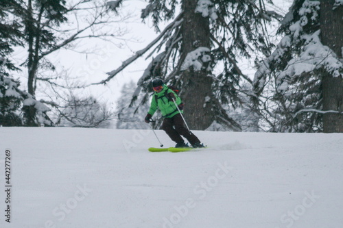 A young woman goes skiing on a ski track.