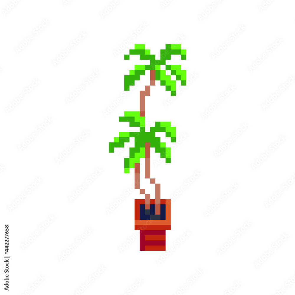 Plant in the pot, indoor palm tree pixel art icon, isolated vector illustration. Interior detail. Game assets. 8-bit. Plant in the pot, indoor palm tree pixel art icon, isolated vector illustration. Interior detail. Game assets. 8-bit.