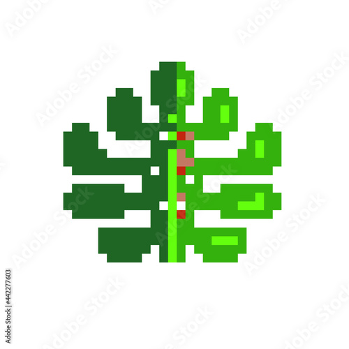Green leaf pixel art icon, eco plant logo. Isolated vector illustration. Game assets 8-bit sprite. Design for stickers,  printables, web, prints, t-shirt, stickers, logo, mobile app.  © thepolovinkin