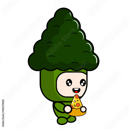 vector cartoon mascot character mascot costume vegetables broccoli eating triangle pizza