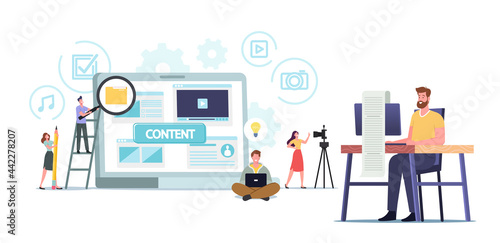 Tiny Characters Creating Content, Copywriting, Marketing Concept. Home Based Copywriter, Writer, Freelancer, Create Ad
