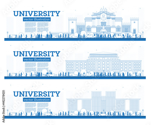 Outline University Campus Set. Study Banners. Students Go to the Main Building of University.