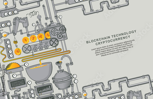 Bitcoin production concept. Factory conveyor of crypto currency mining. Blockchain technology. Graphic vector illustration with industrial equipment and place for text. Digital money and e-commerce