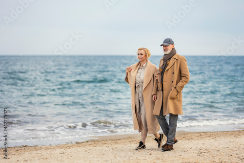 aged couple walking along the seashore